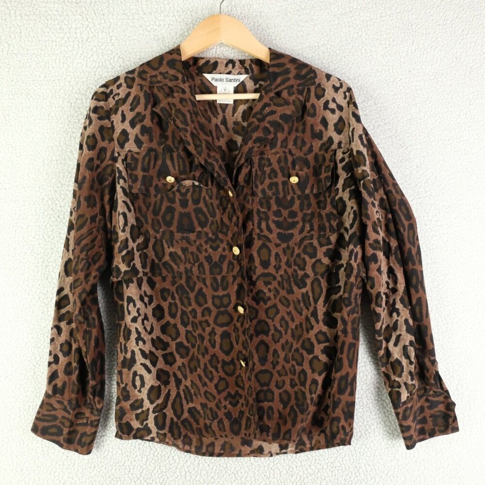 Vintage Shirt Womens 6 Brown Gold Leopard Animal Print Silk Button Up  80s